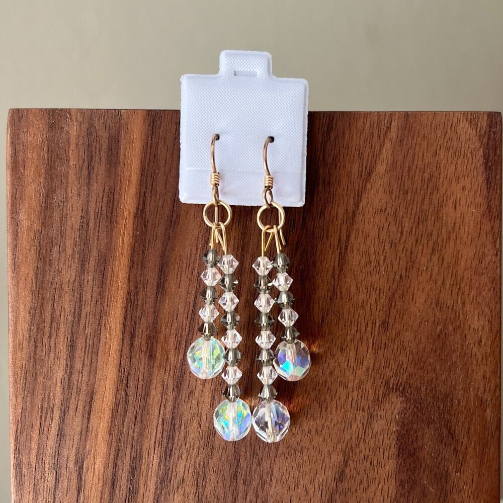 Chandelier Aurora Borealis Gray Bicone Faceted Crystal Beaded Fairycore Earrings